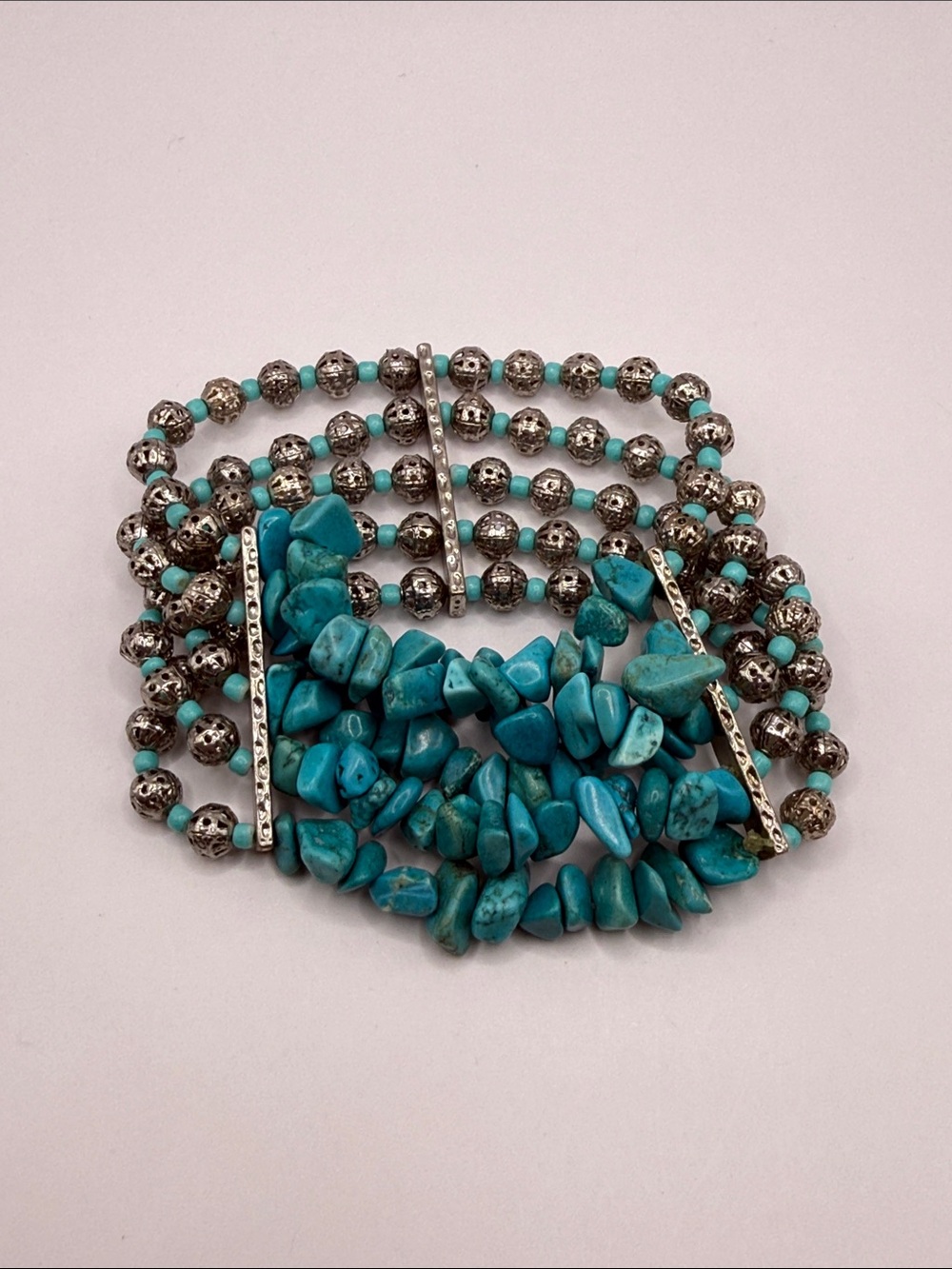 Vintage Southwestern Silver Tone Turquoise Blue Beaded Bangle Cuff Bracelet